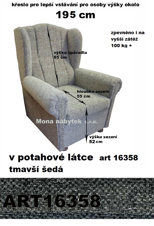 křeslo ušák CI, pro osoby výšky 195cm, sed: výš. 52cm, zpevnění 120kg+,Art 16358